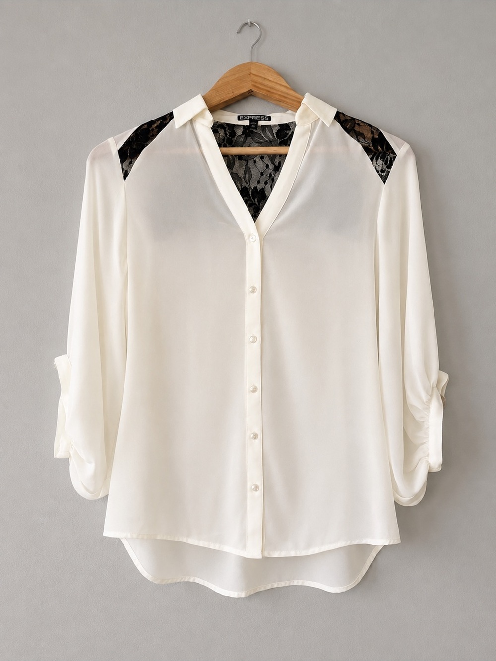 Express Portofino Blouse XS Ivory Black Lace Sheer Button Front High Low Top